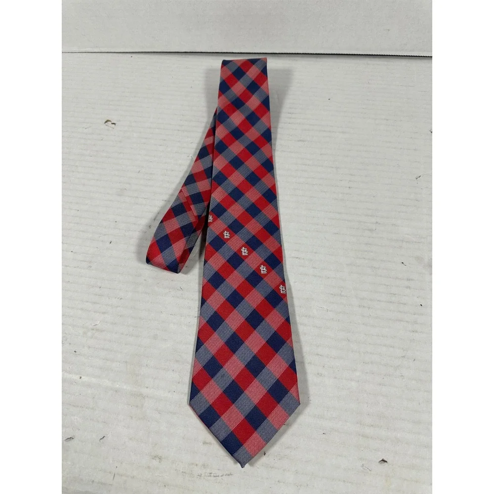 MLB St Louis Cardinals Mens Necktie Red Navy‎ Blue Gingham Check Logo Silk-Look